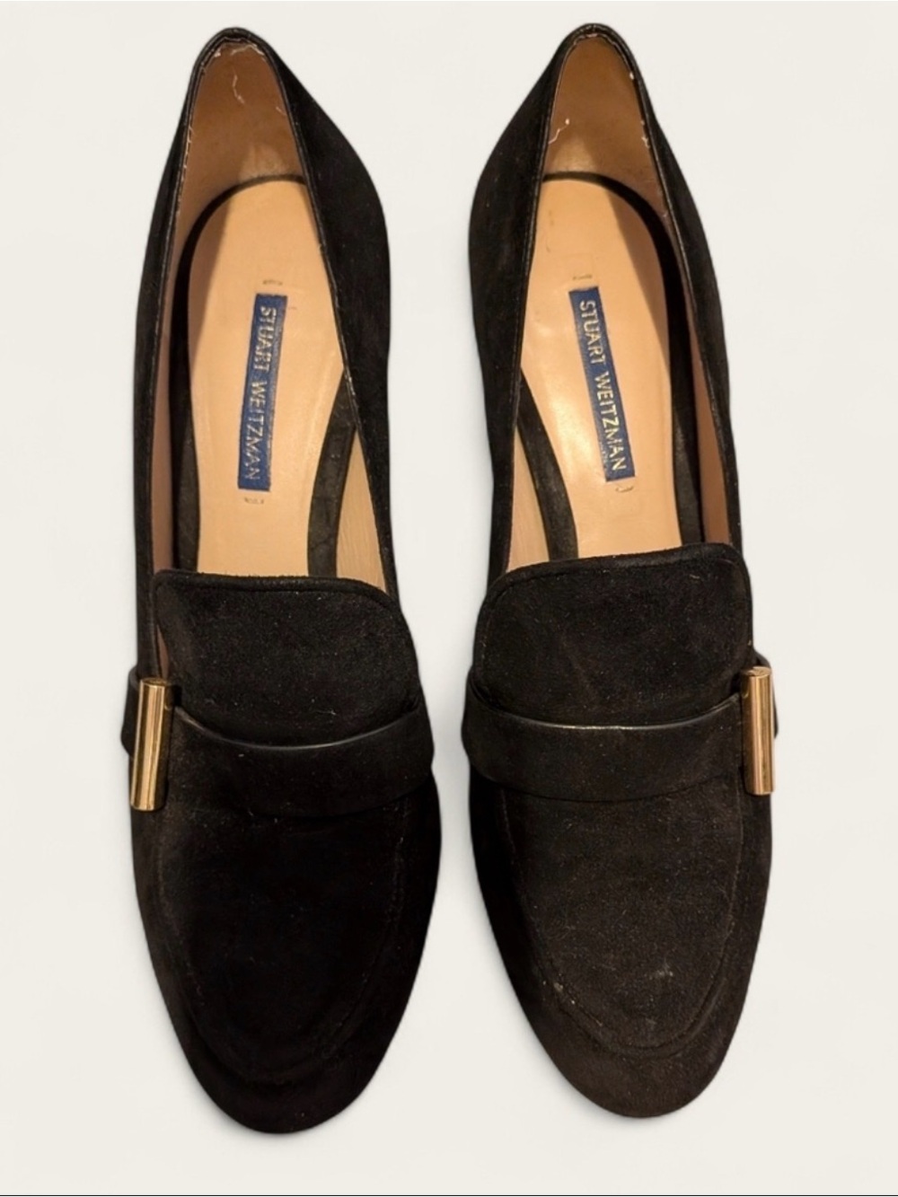 Stuart Weitzman Black Suede Block Heel Loafers with Gold Accent
